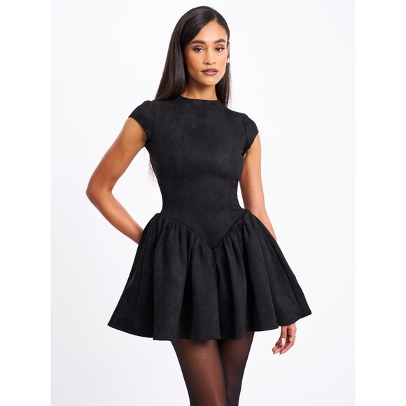 Jacq Backless Black Mini Puffy Suede Dress - Picture 1 of 16